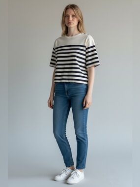 Zara Striped Boxy Linen Tee in Navy and Beige